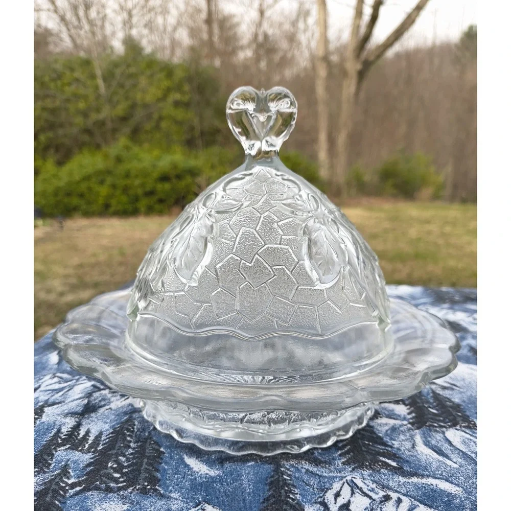 Vintage EAPG Glass Domed‎ Butter Dish Cloche Maple Leaf Design Decorative Finial